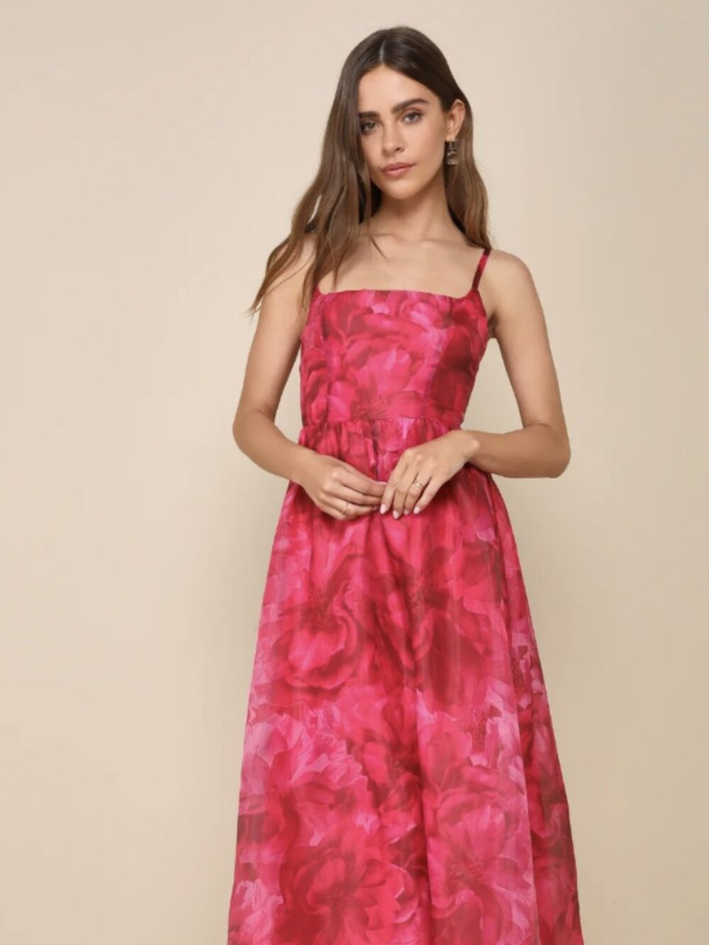 Darling Icon Dark Pink Floral Organza Lace-Up Midi Dress